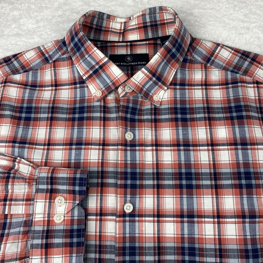 Hart Schaffner Marx Shirt Mens XL Rust/Blue Plaid Cotton Linen Blend